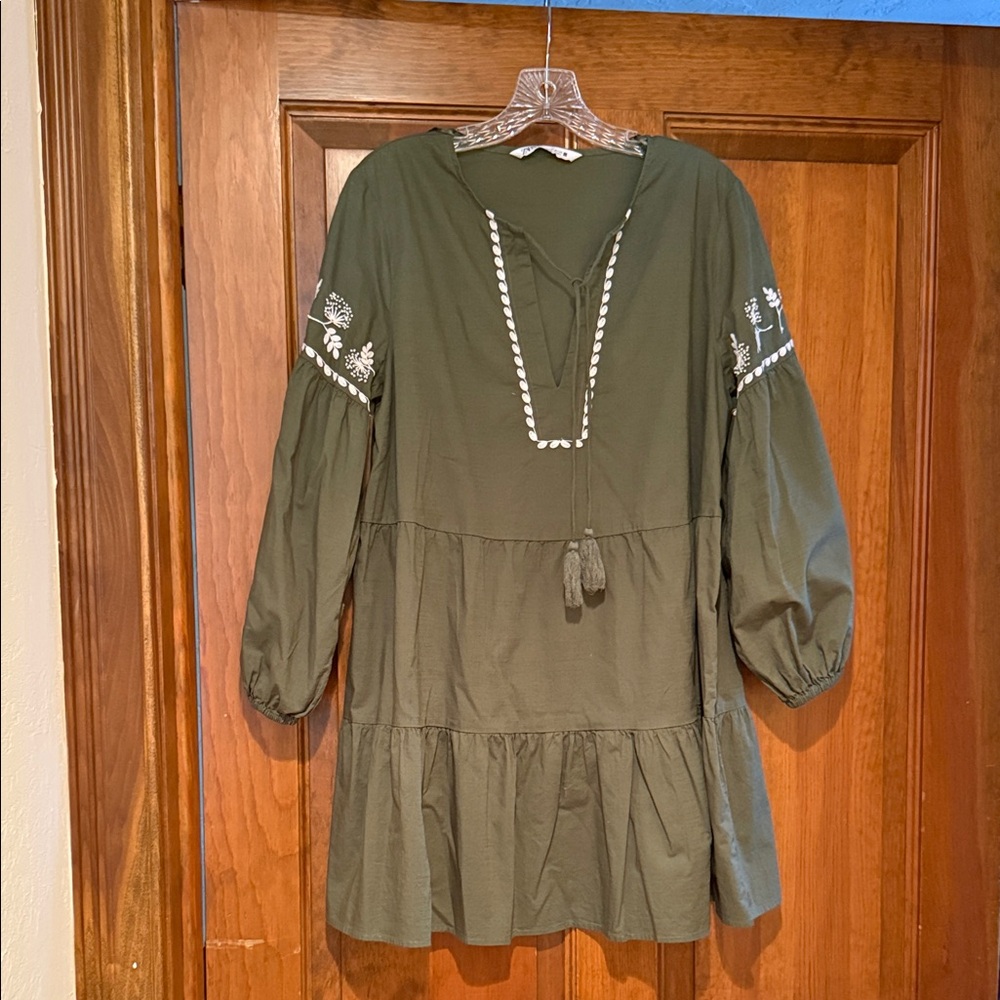 Zara Olive Green Embroidered Dress